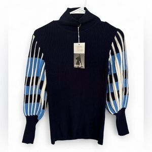 NWT Milan Kiss Ribbed Mock Neck Sweater Statement Balloon Sleeves Small Navy